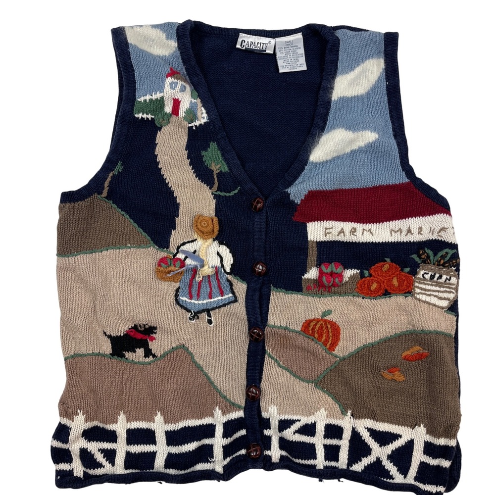 Capacity Vintage Farm Market Embroidered Knit Vest Blue Cottagecore Womens Small